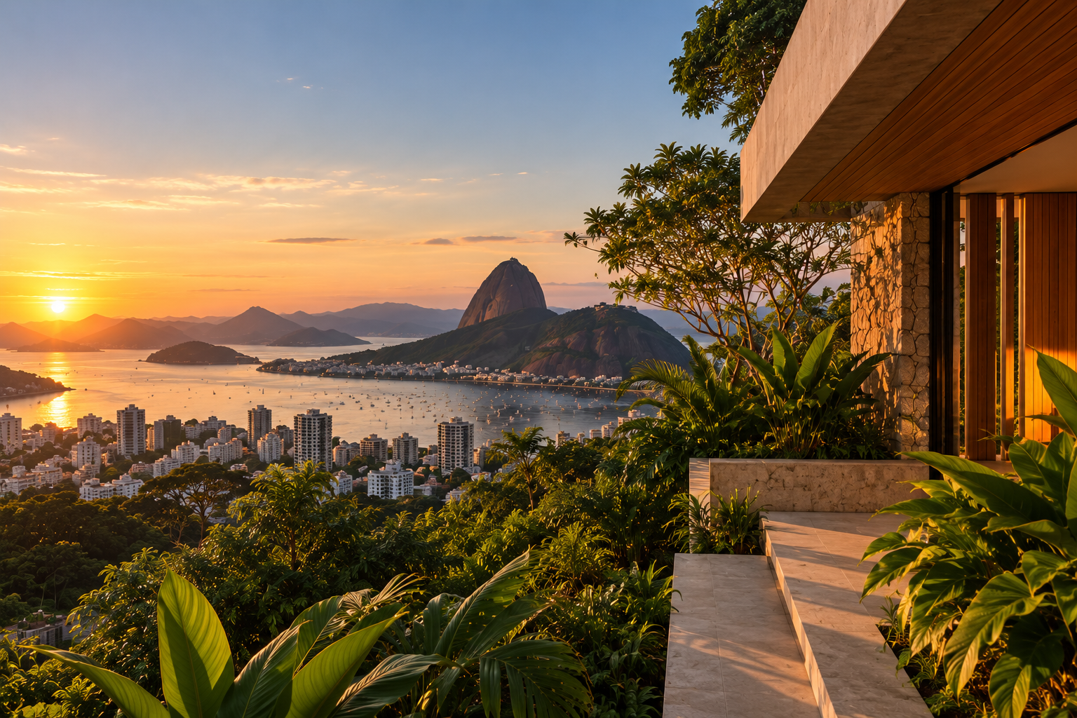 Imagem conceitual do Rio de Janeiro e do Pão de Açúcar em diálogo com arquitetura e vegetação
